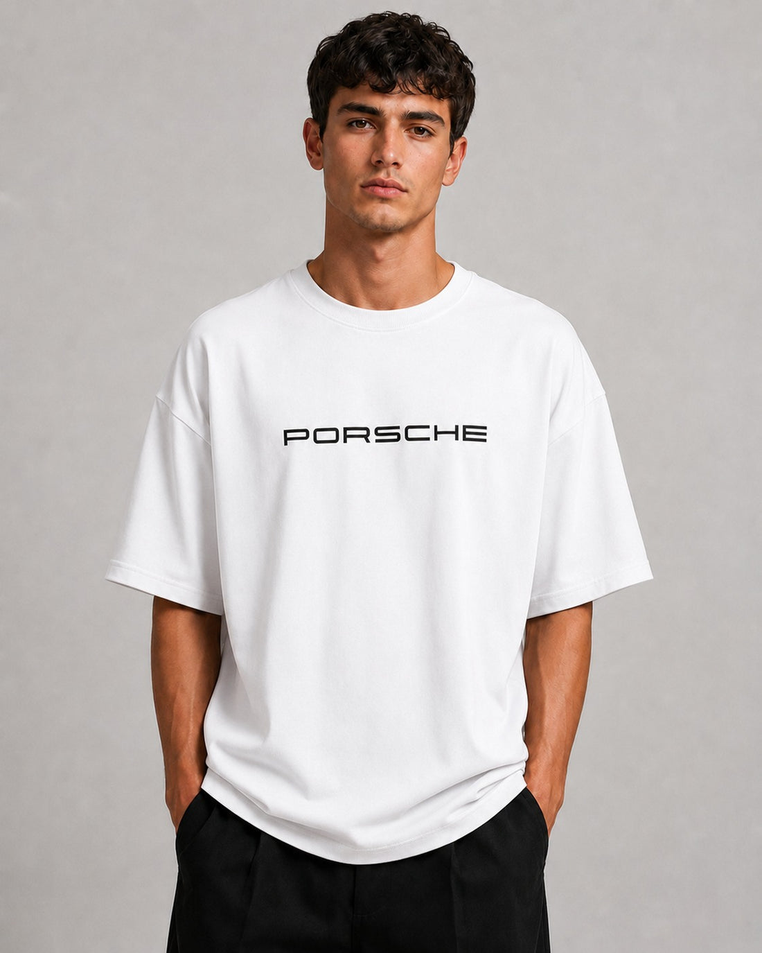 Porsche Logo Oversized Premium White T-Shirt for Men | Soft Cotton Casual Tee